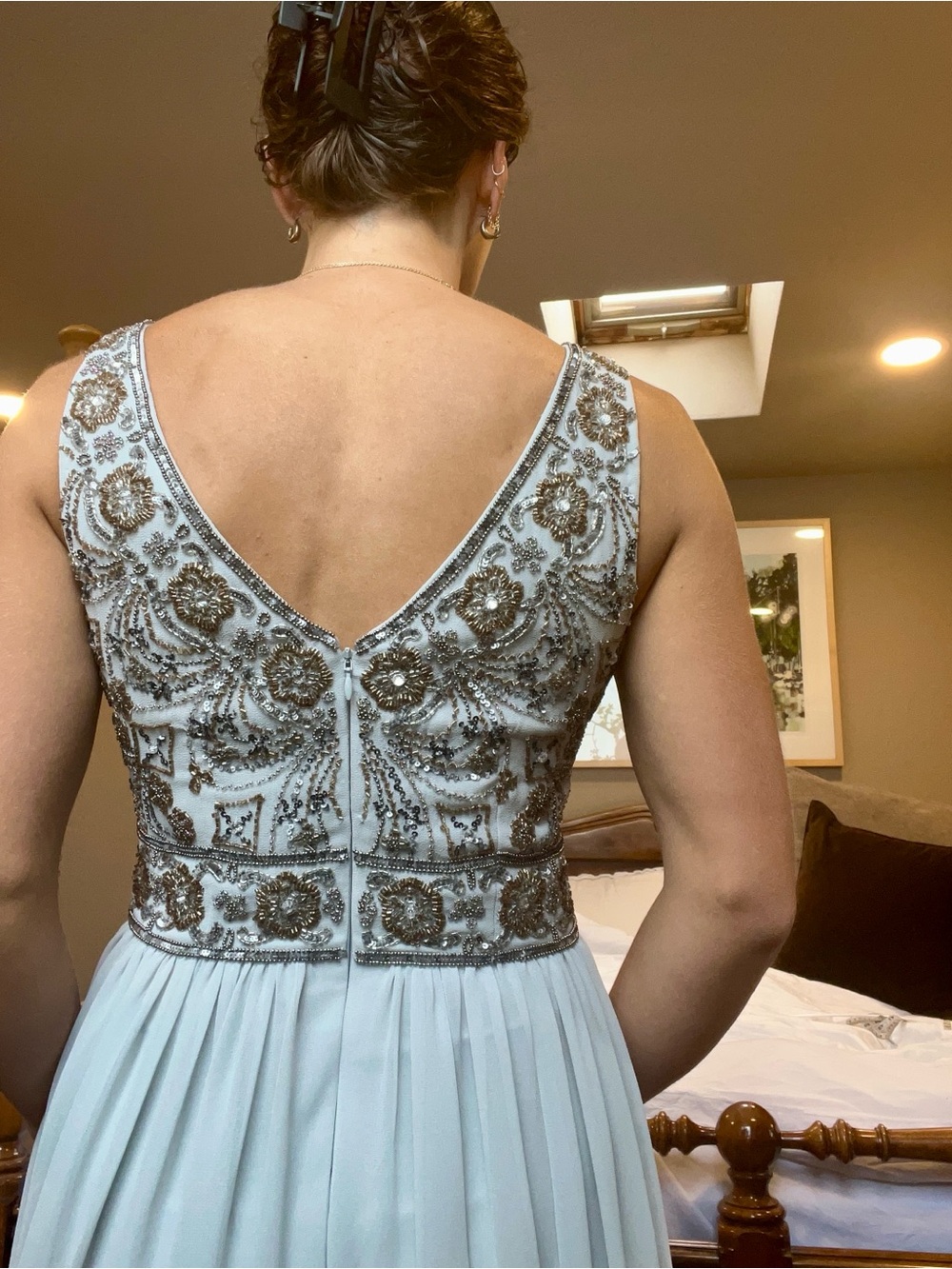 BHLDN by Anthropologie Pale Bluish Gray Beaded V-Neck Pleated Maxi Dress Size 4 - Picture 4 of 15
